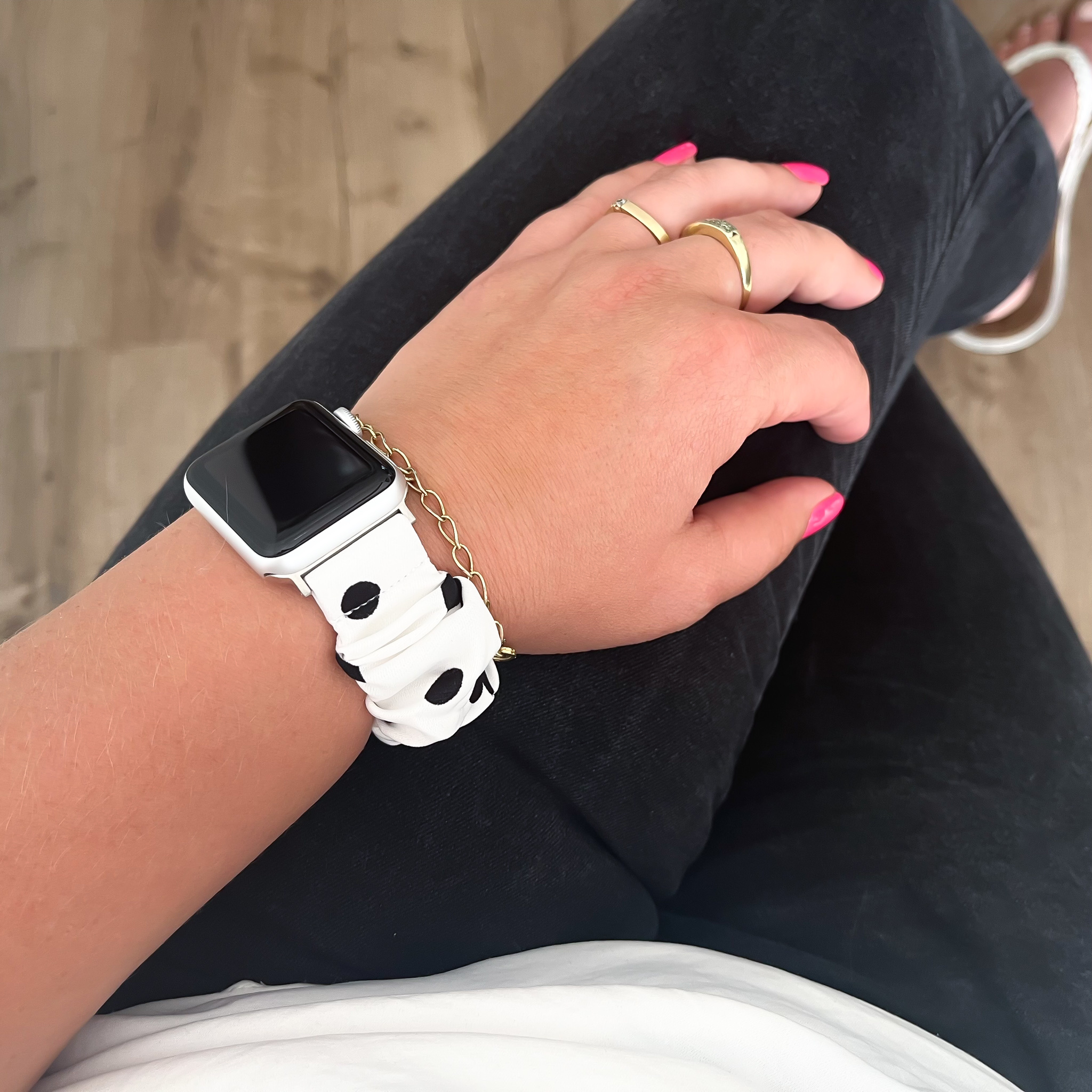 Apple Watch Nylon Scrunchie Strap - White With Black Polka Dots